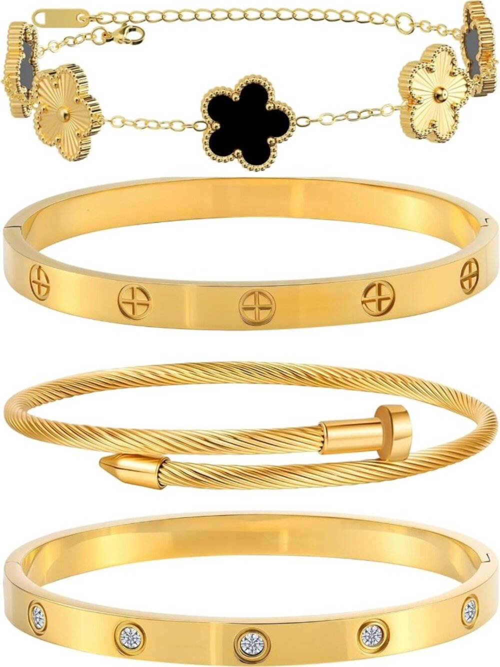4PC Stackable Floral Gold Bracelets Set - 18K Plated Stainless Steel Bangles